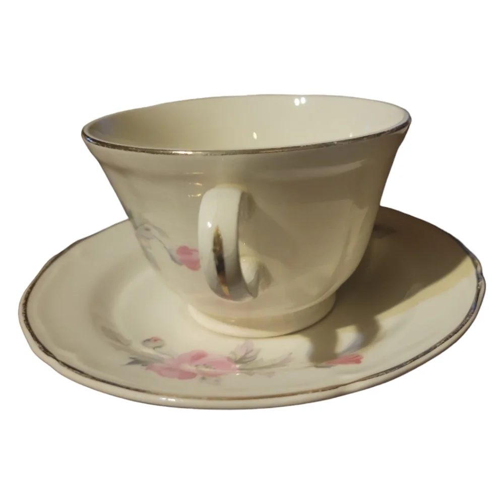 Vtg 40's Tea Coffee Cup Saucer Plate Edwin Knowles Peony Rose Pink Gold Trim